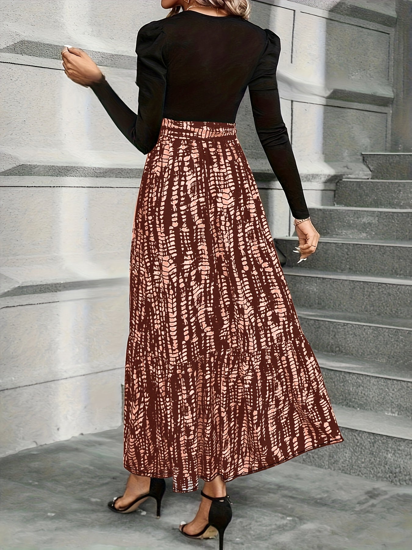 Women's Elegant Bubble Long Sleeve Midi Dress with Adjustable Waist Belt