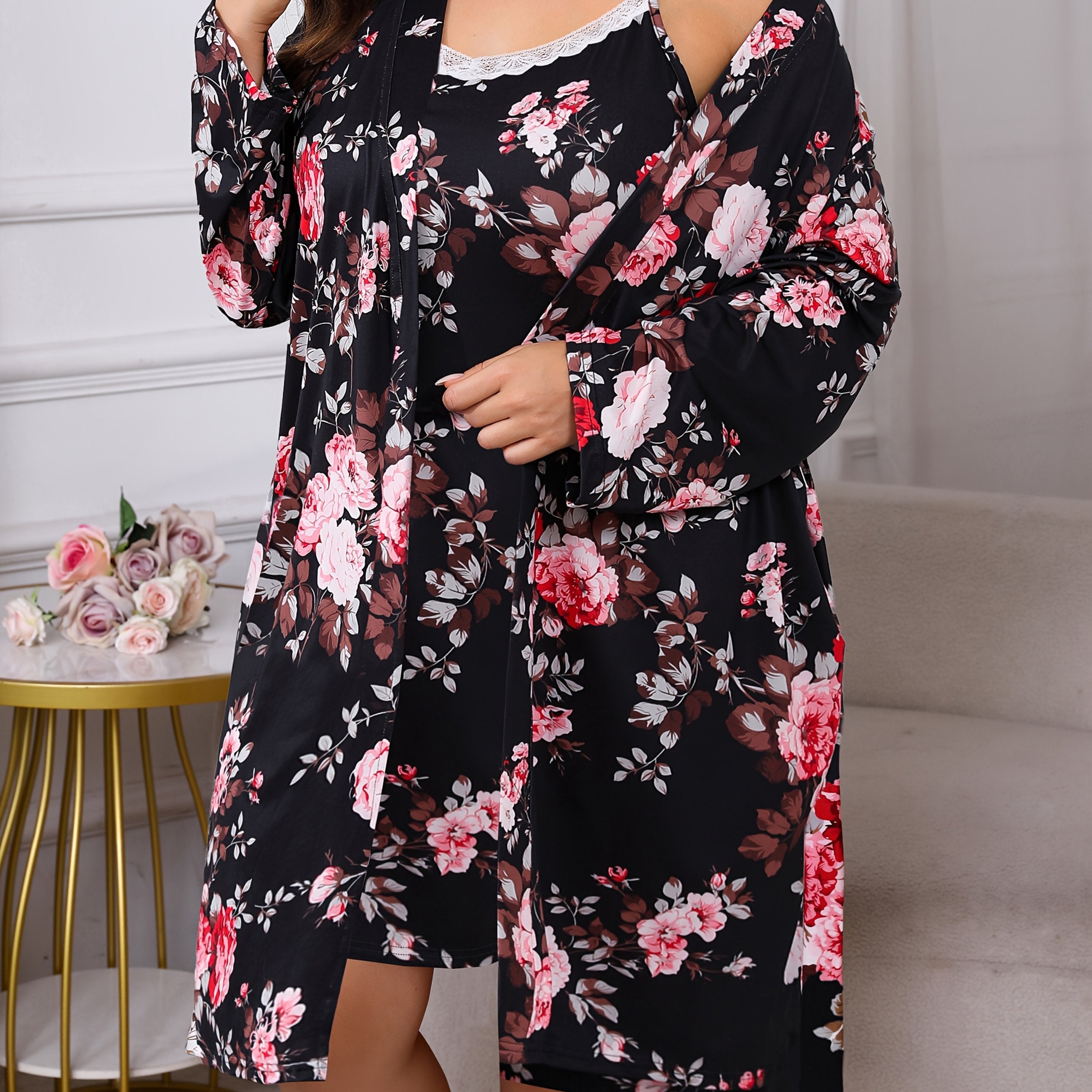 Plus Size Floral Print Sexy Lace Trim Camisole Nightgown with a Matching Tie Robe, a Two-Piece Sleepwear Set.