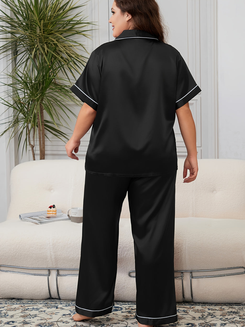 Plus Size Elegant Pajamas Set, Women's Contrast Binding Short Sleeve Button Up Lapel Collar Shirt & Pants Two Piece Lounge Set