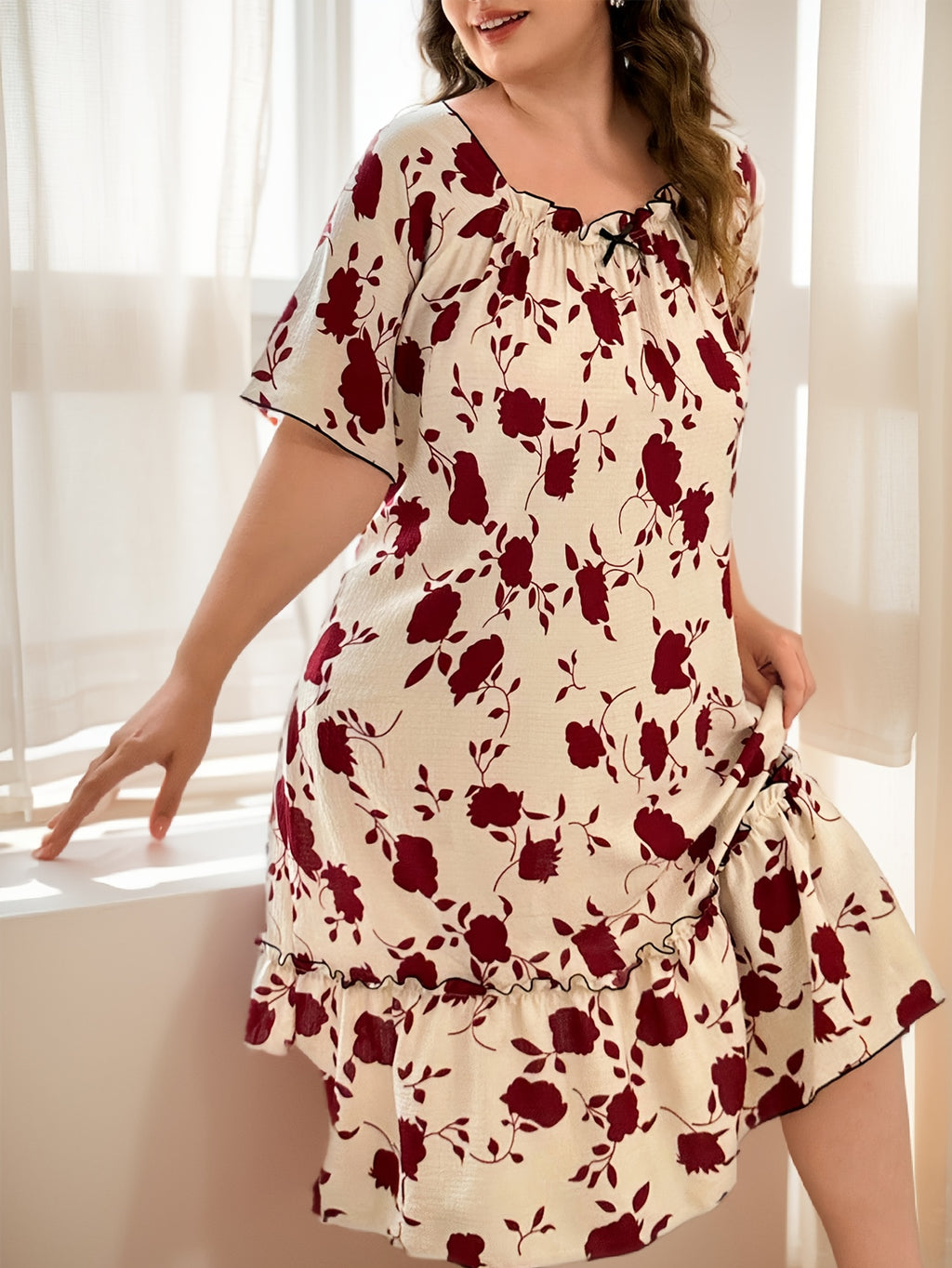 Elegant Plus Size Floral Print Dress with Bow Detail - Ruffle Hem, Short Sleeve, Polyester, Perfect for Adult Women, All-Season Comfort, Adult