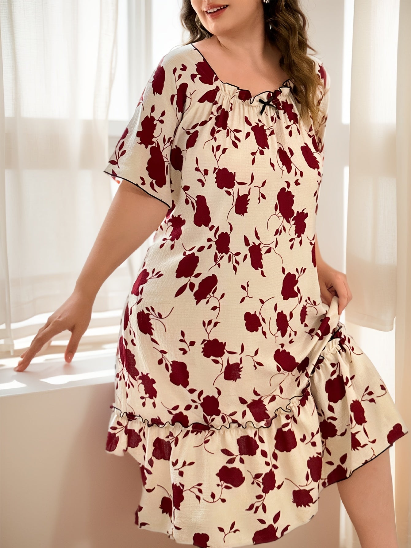 Elegant Plus Size Floral Print Dress with Bow Detail - Ruffle Hem, Short Sleeve, Polyester, Perfect for Adult Women, All-Season Comfort, Adult