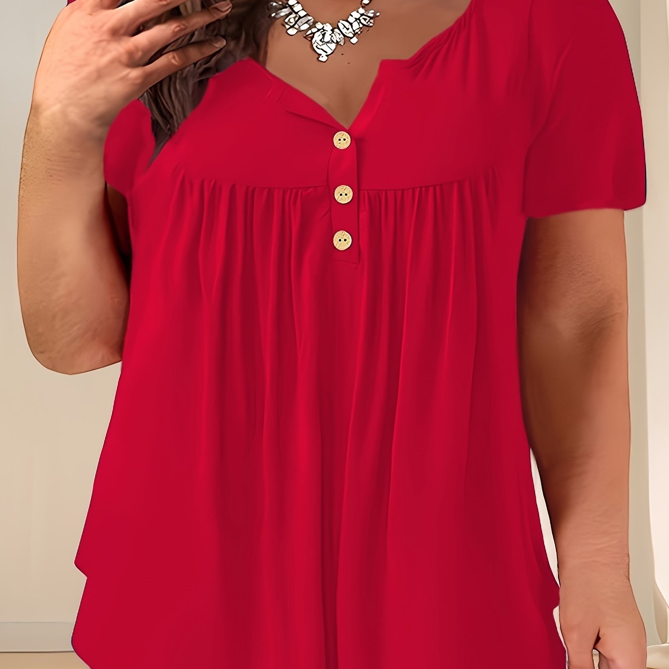 Women'S Plus Size Casual Buttoned Pleated T-Shirt, Summer Knit Fabric Top, Crew Neck, Solid Color, Slight Stretch, Oversized Pullovers,