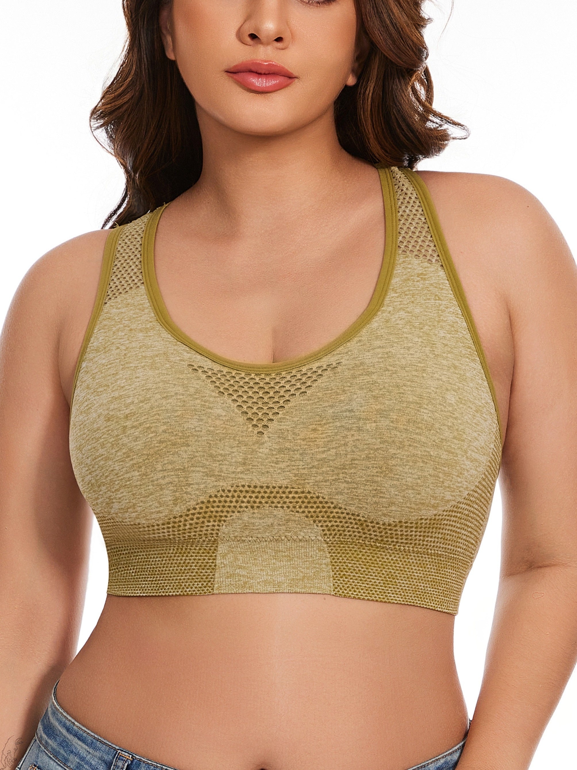 3pcs Plus Size Sports Bras, Polyamide Blend, Hollow Mesh Design, Low Support, Removable Padding, Crew Neck, Medium Stretch, Knit Fabric,
