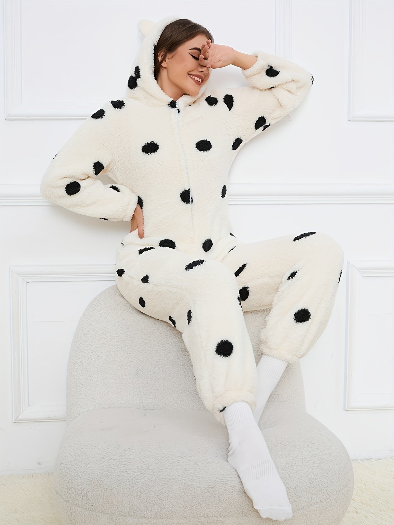 Bear Pattern Zip Up Hooded Fuzzy Jumpsuit, Elegant Long Sleeve Jumpsuit For Fall & Winter