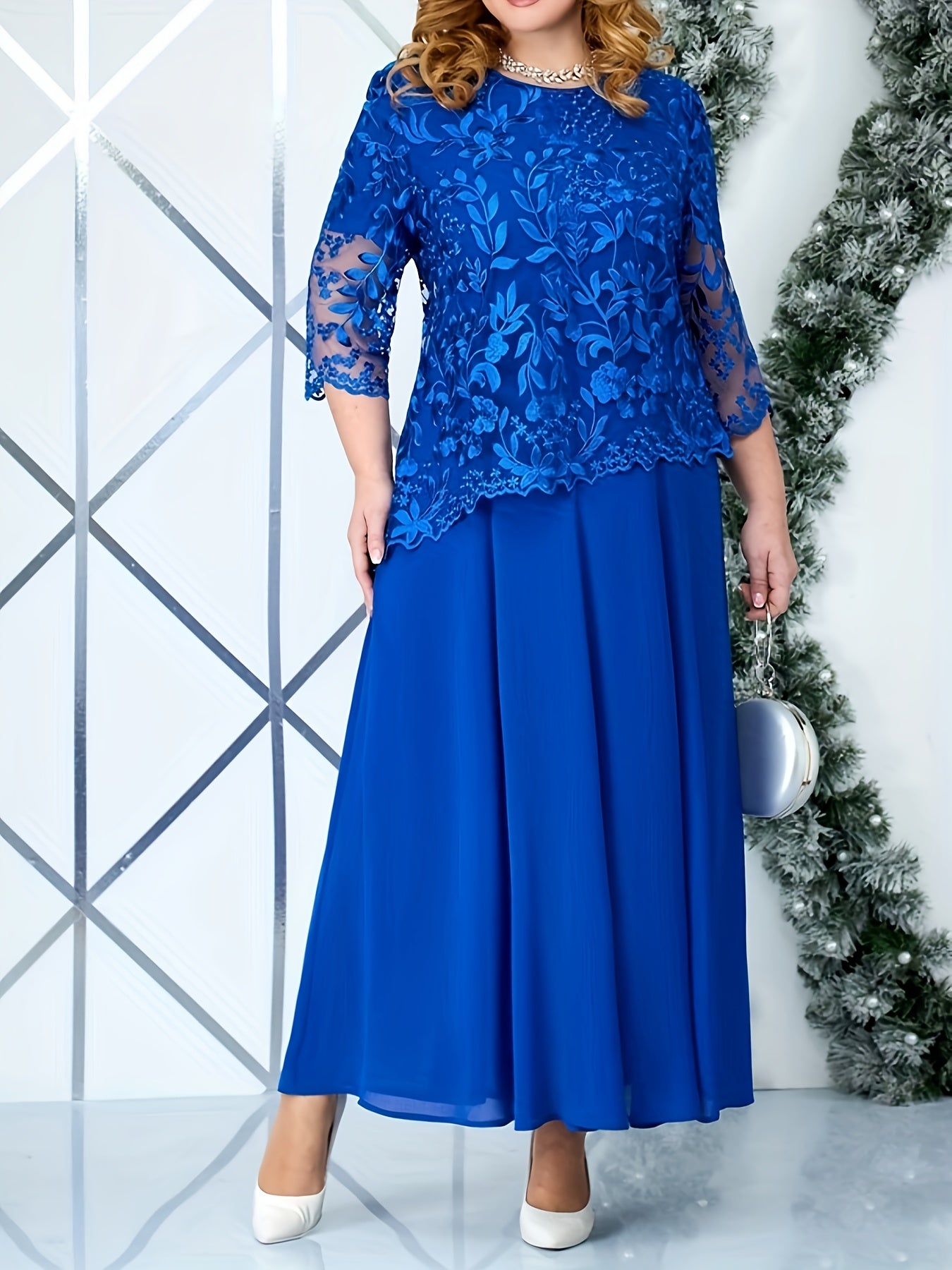 Plus Size Elegant Embroidered Lace Midi Dress for Women - Sleeveless, Chiffon Fabric, Crew Neck, Ball Gown Skirt, Summer Wedding Party