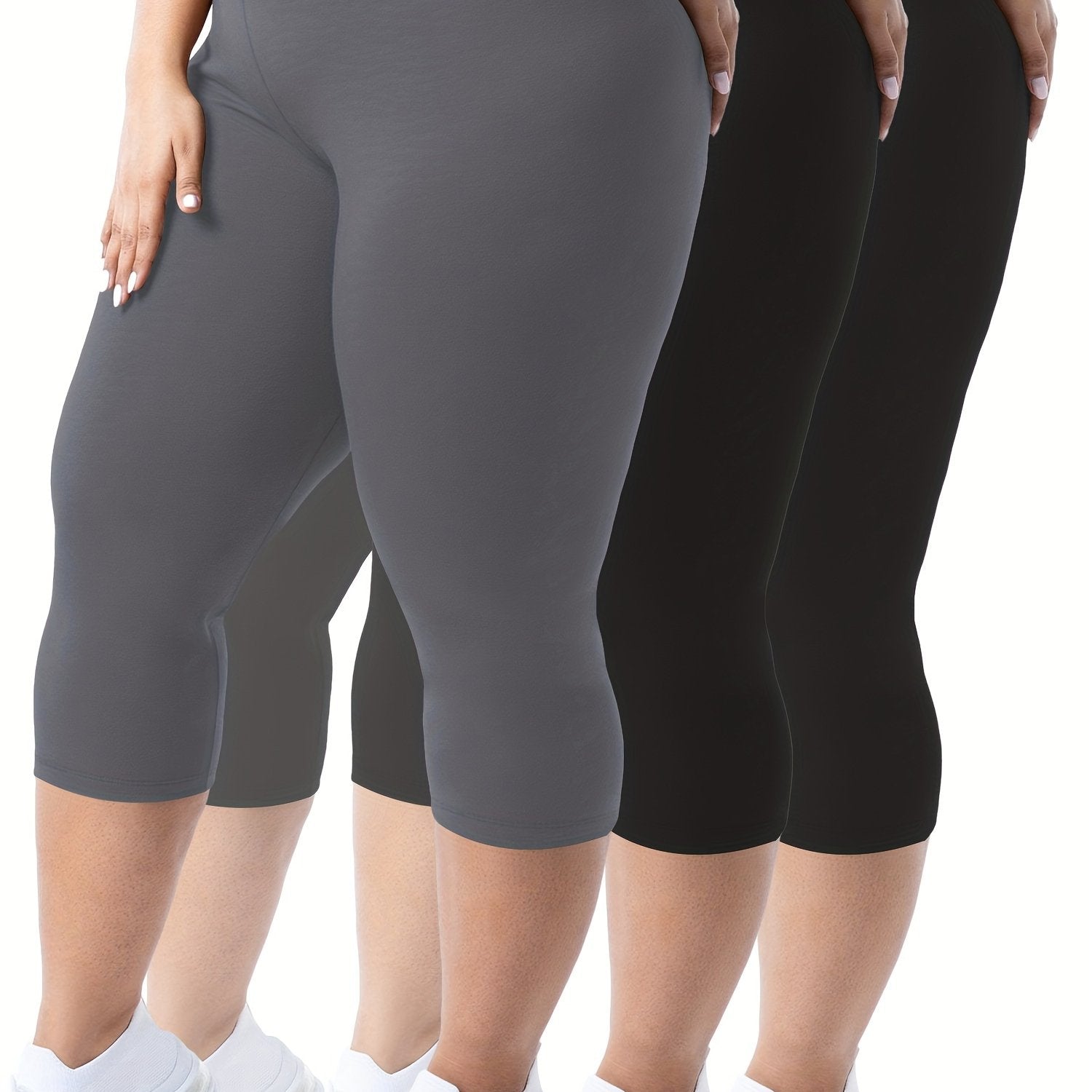 Plus Size - 3pcs High-Waist Capri Leggings for Women