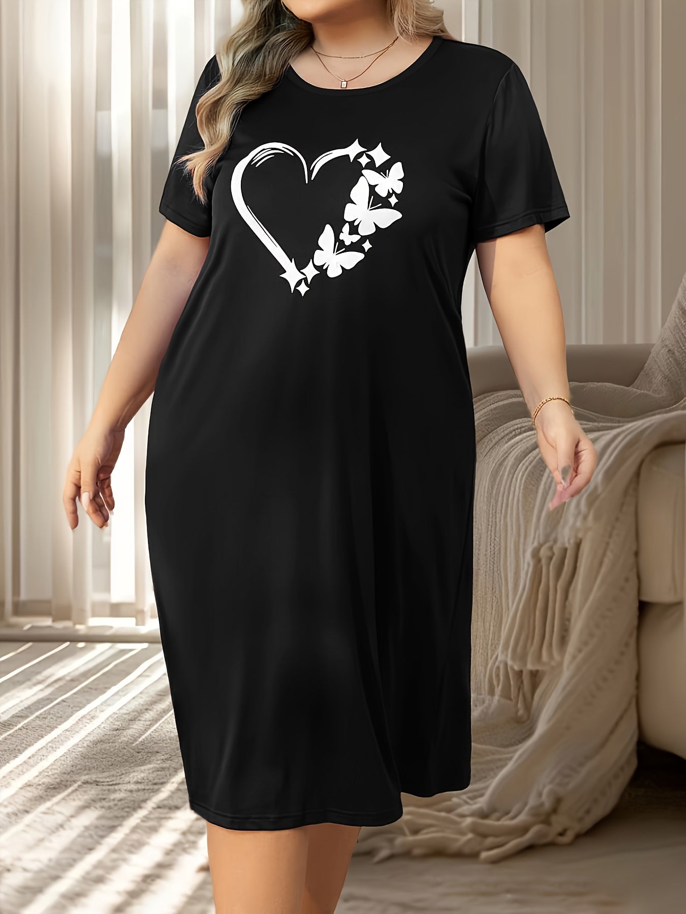 Women's Plus Casual Lounge Dress, Plus Size Butterfly & Heart Print Short Sleeve Crew Neck Sleep Dress