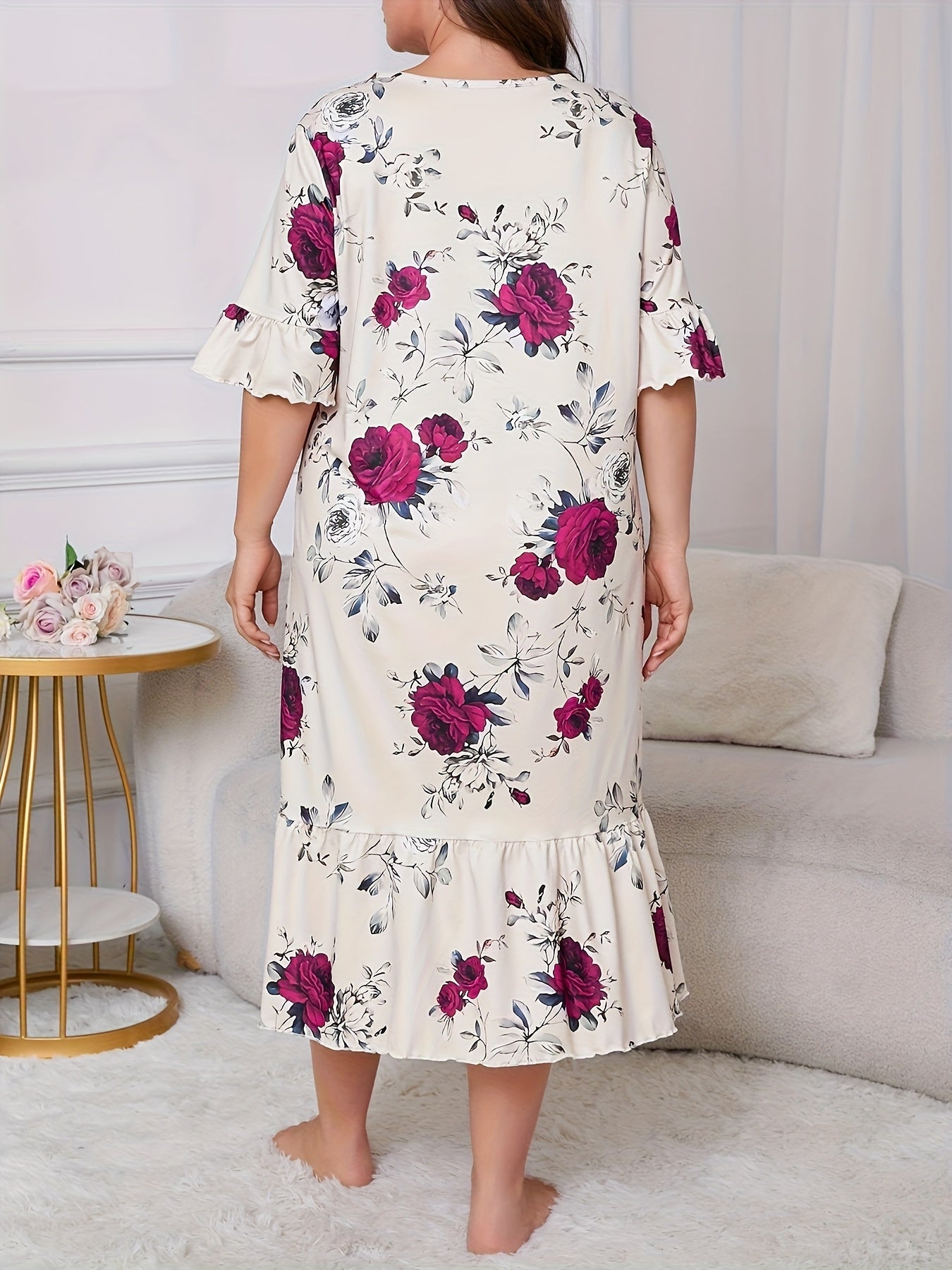 Elegant Floral Print Plus Size Nightgown