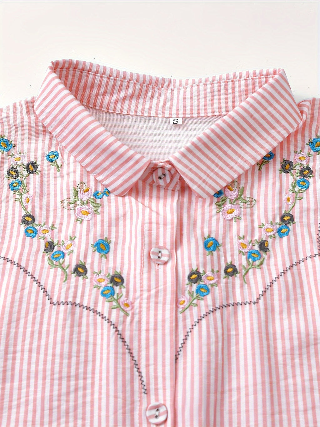 Embroidered Button Front Shirt, Casual Short Sleeve Lapel Top For Spring & Summer, Women's Clothing