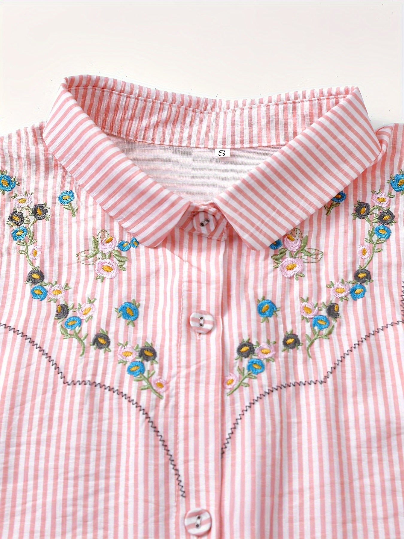 Embroidered Button Front Shirt, Casual Short Sleeve Lapel Top For Spring & Summer, Women's Clothing