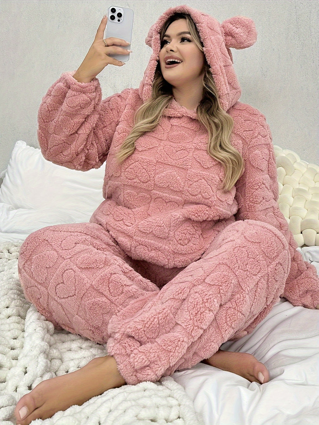 Cozy Pink Heart Plush Hooded Pajama Set with 3D Ears - Long Sleeve & Pants