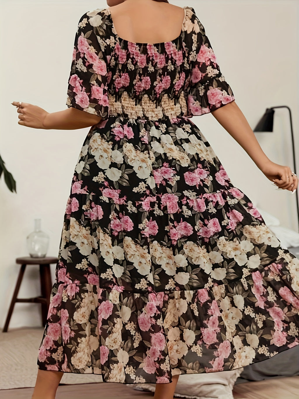 Plus Size Floral Print Chiffon Dress - Loose Fit