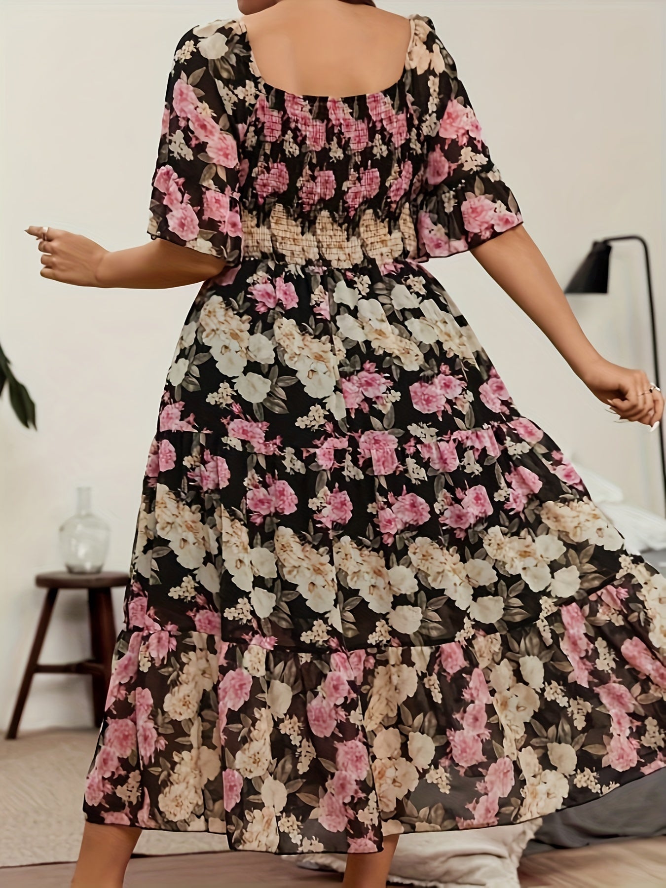 Plus Size Floral Print Chiffon Dress - Loose Fit