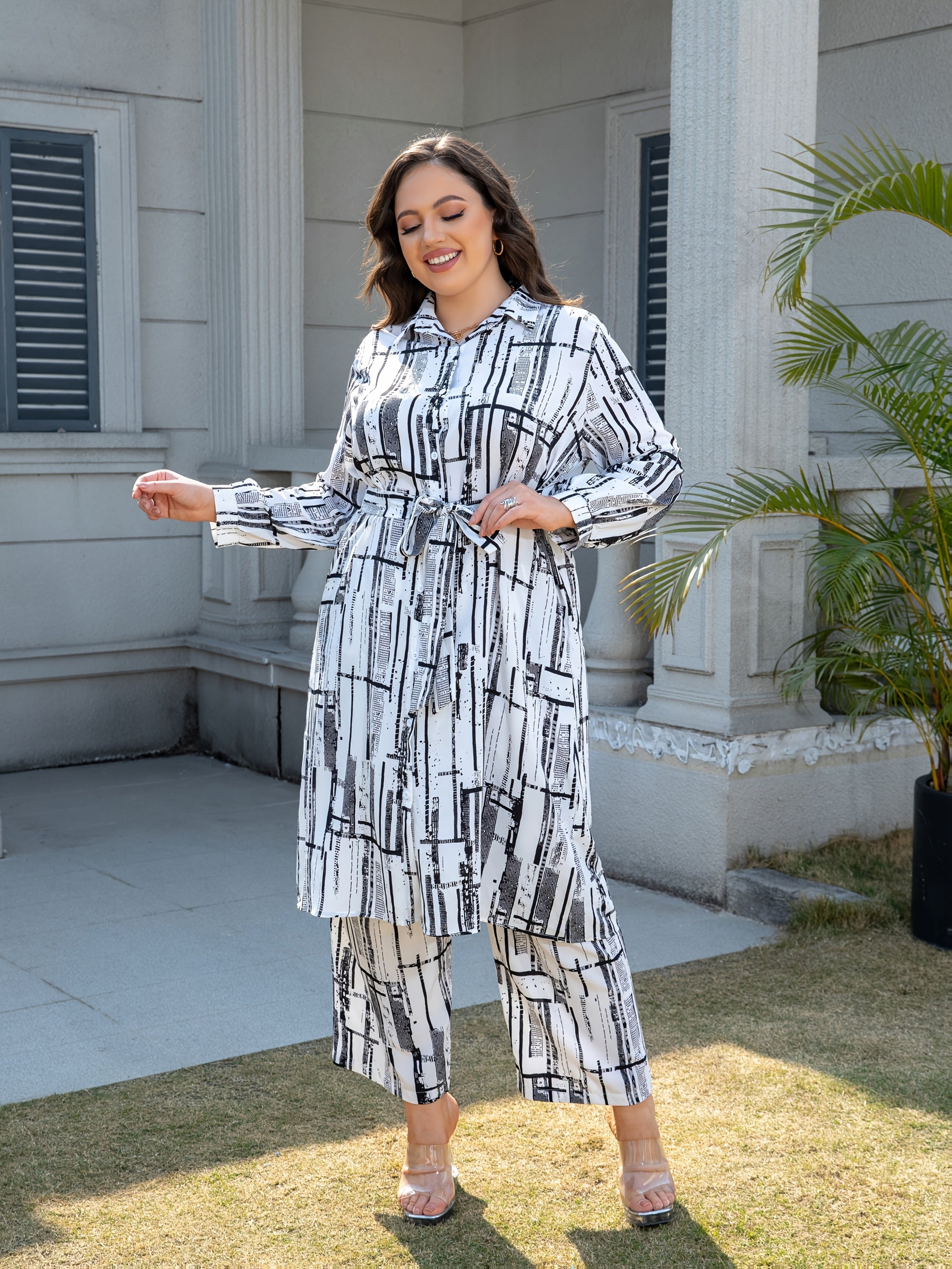 Plus Size Long Sleeve Shirt and Pants Set with Floral Print