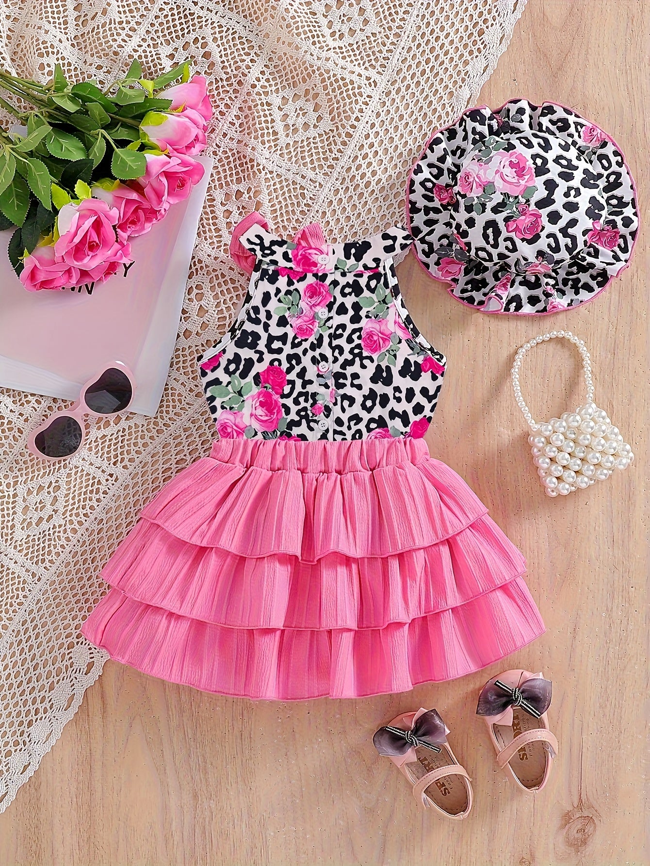 Girls' Fashion Leopard Print Rose Vest with Puff Skirt and Sun Hat Street Style Three-Piece Set