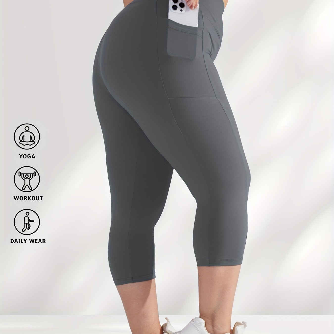 Women's Plus Size High-Waisted Capri Leggings with Side Phone Pockets