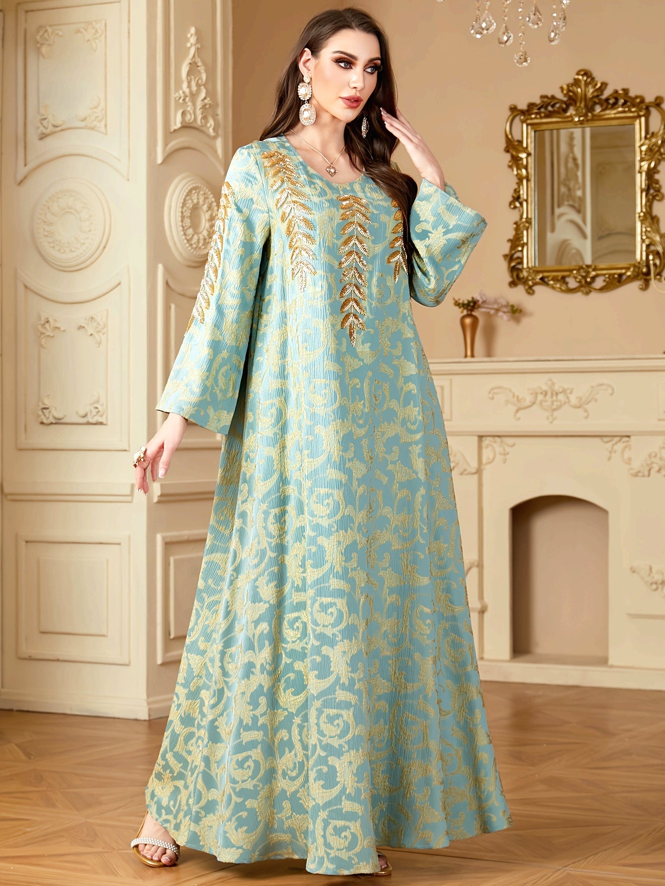 Women's Elegant Middle Eastern-Inspired A-Line Dress with Floral Appliqué