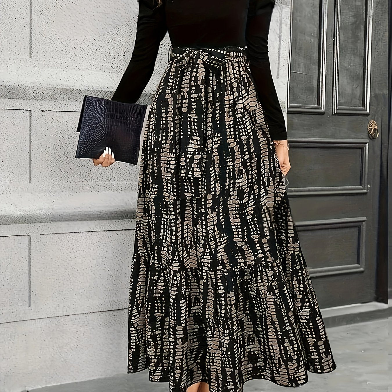 Women's Elegant Bubble Long Sleeve Midi Dress with Adjustable Waist Belt