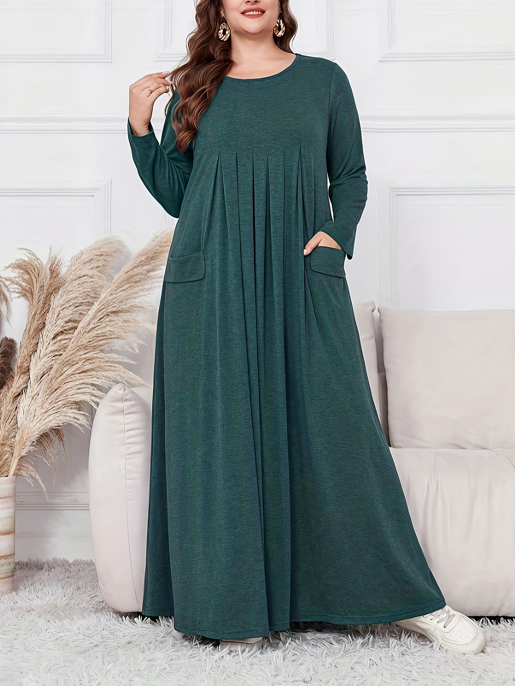 Elegant Plus Size Women's Long Sleeve Maxi Dress - Loose Fit