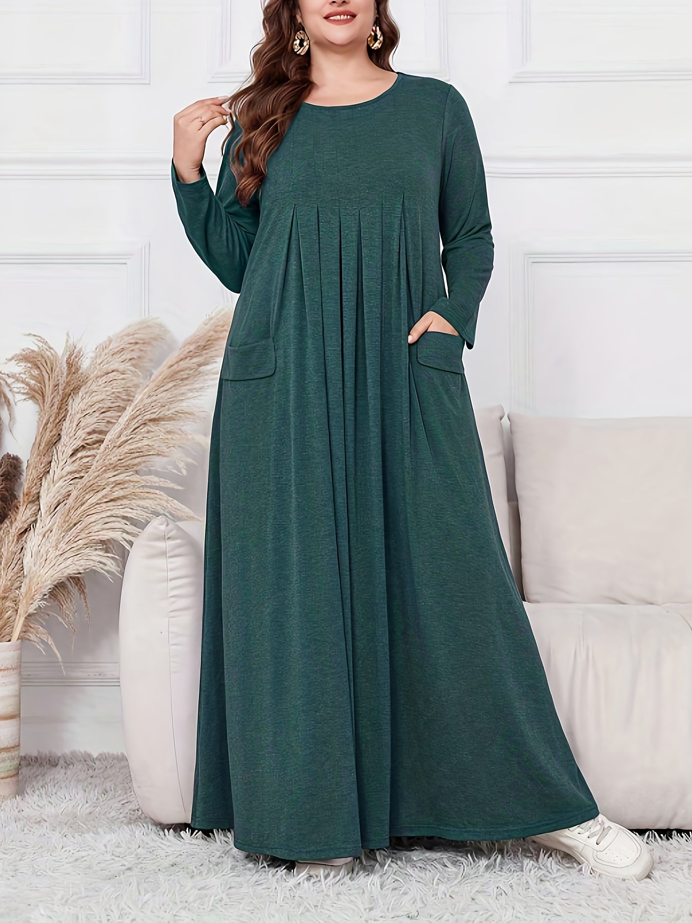 Elegant Plus Size Women's Long Sleeve Maxi Dress - Loose Fit