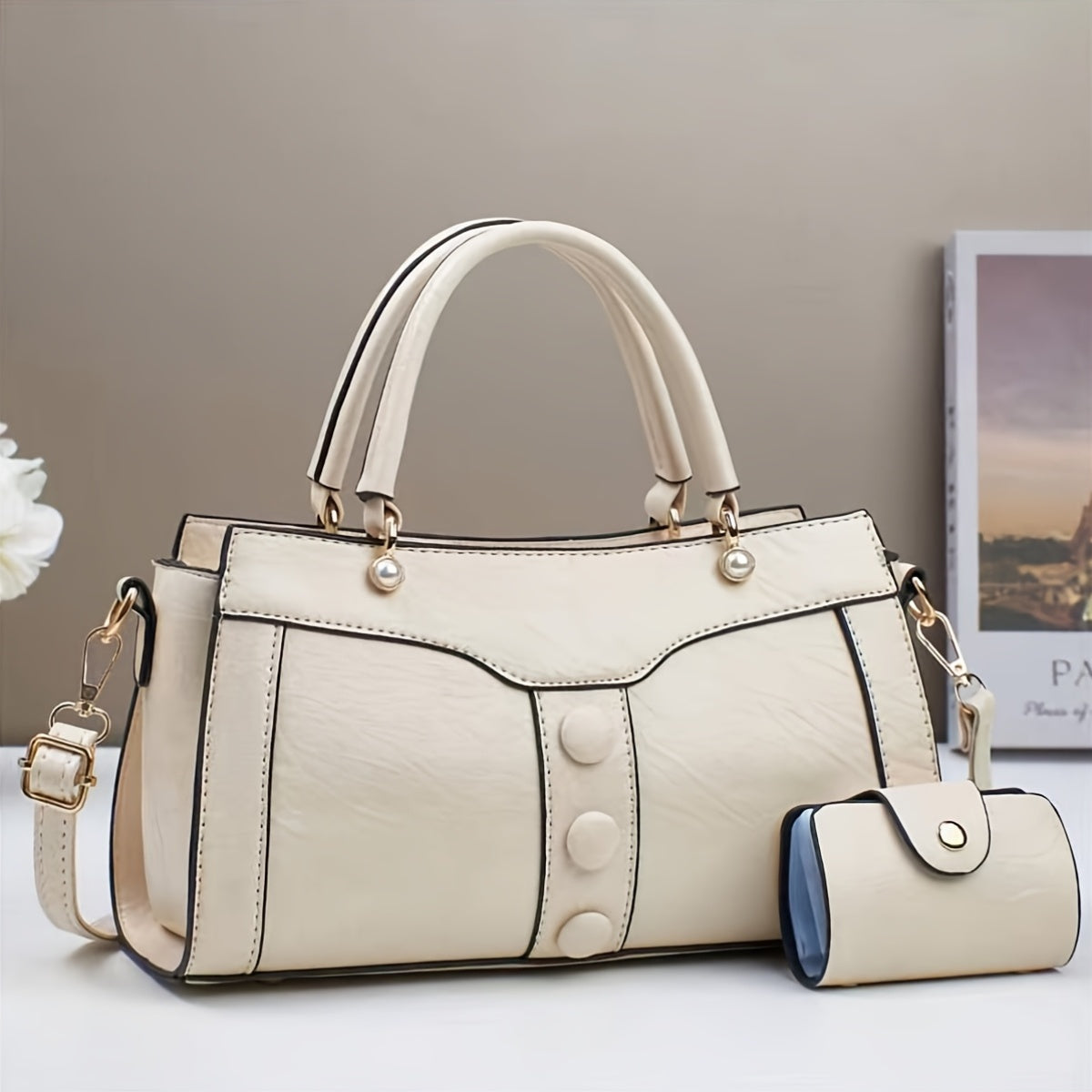 Women's Elegant Beige Synthetic Crossbody Bag with Golden-Tone