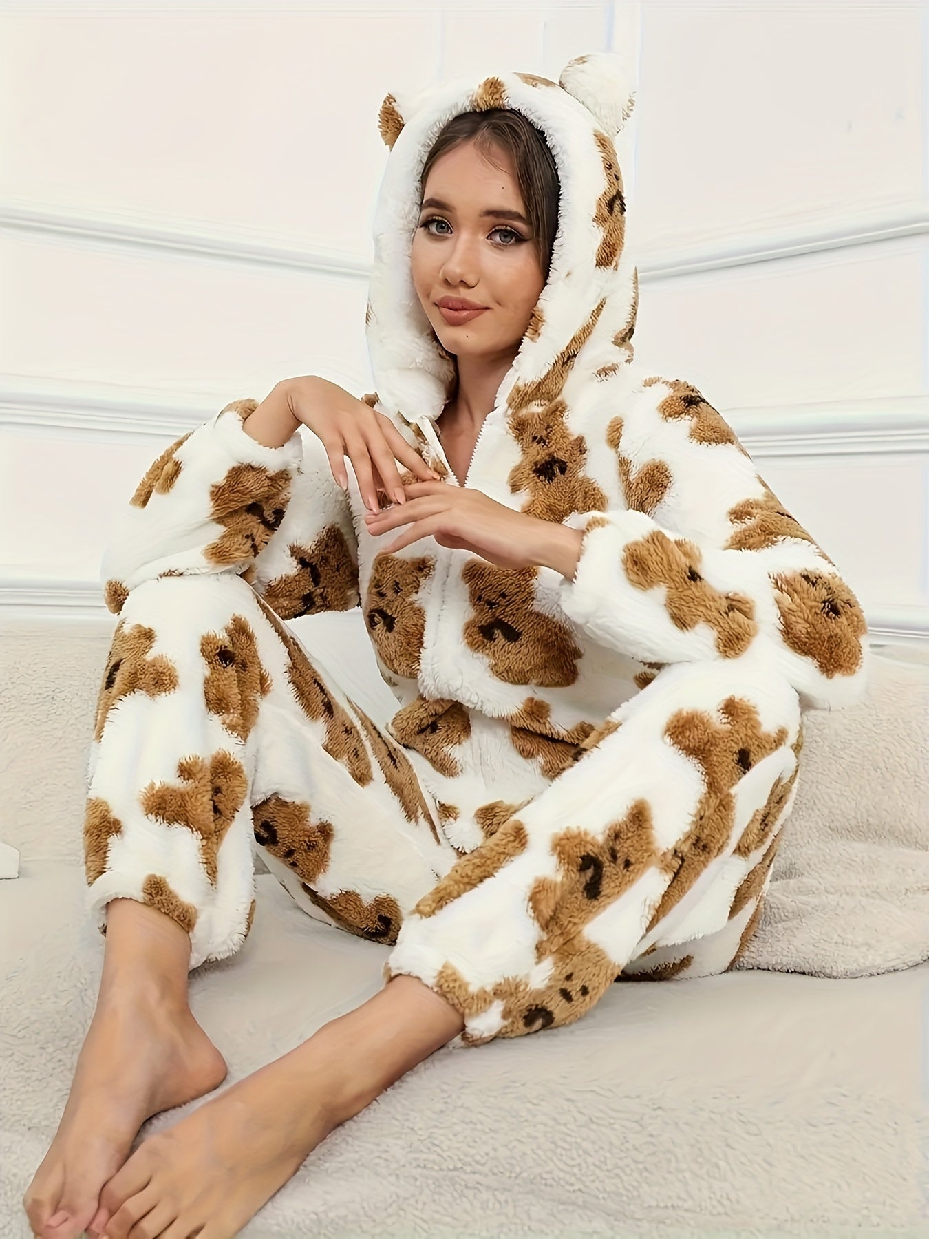 Bear Pattern Zip Up Hooded Fuzzy Jumpsuit, Elegant Long Sleeve Jumpsuit For Fall & Winter
