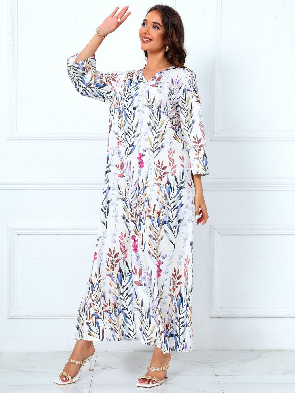 Floral Print V Neck Modest Dress