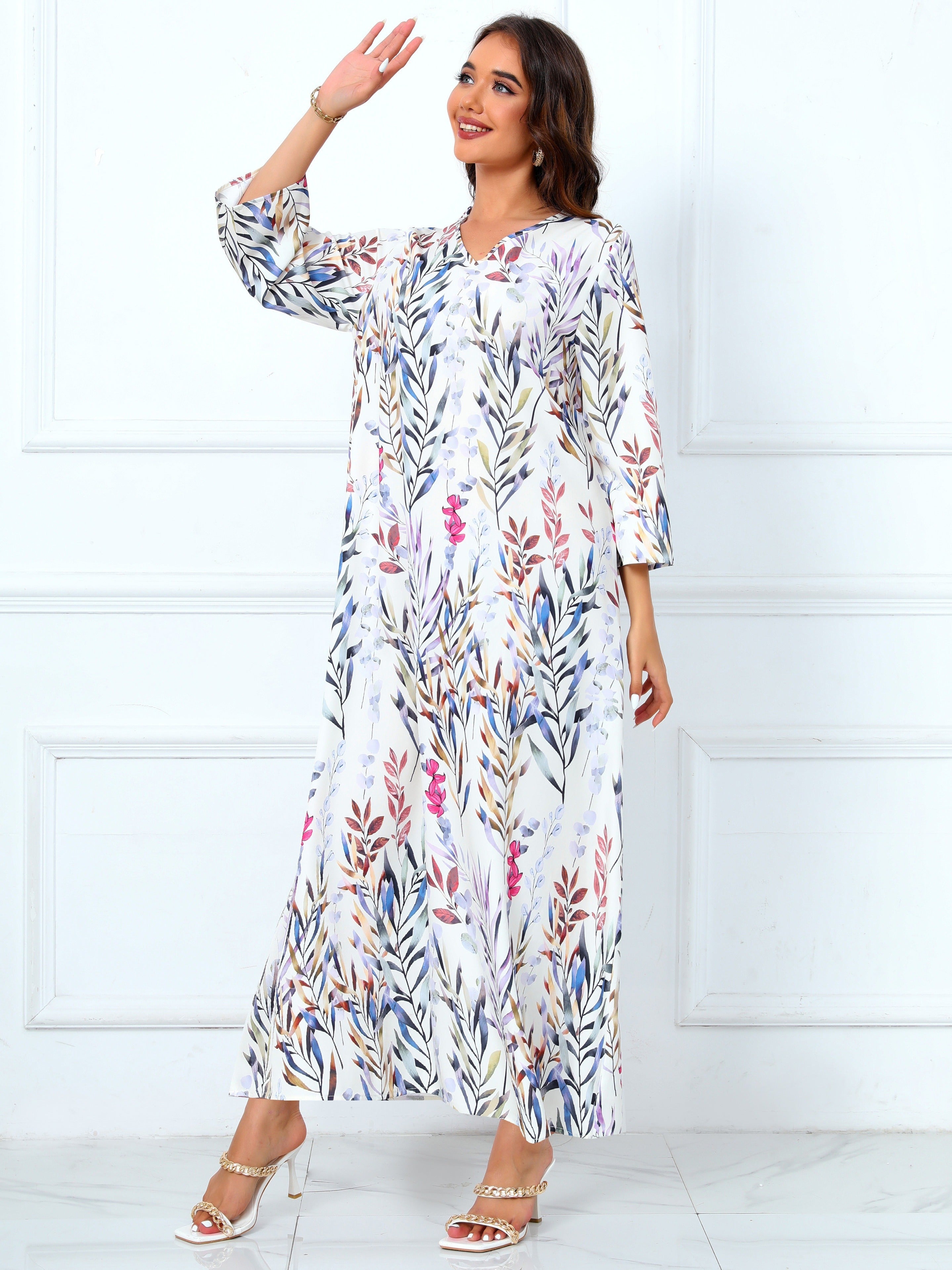 Floral Print V Neck Modest Dress