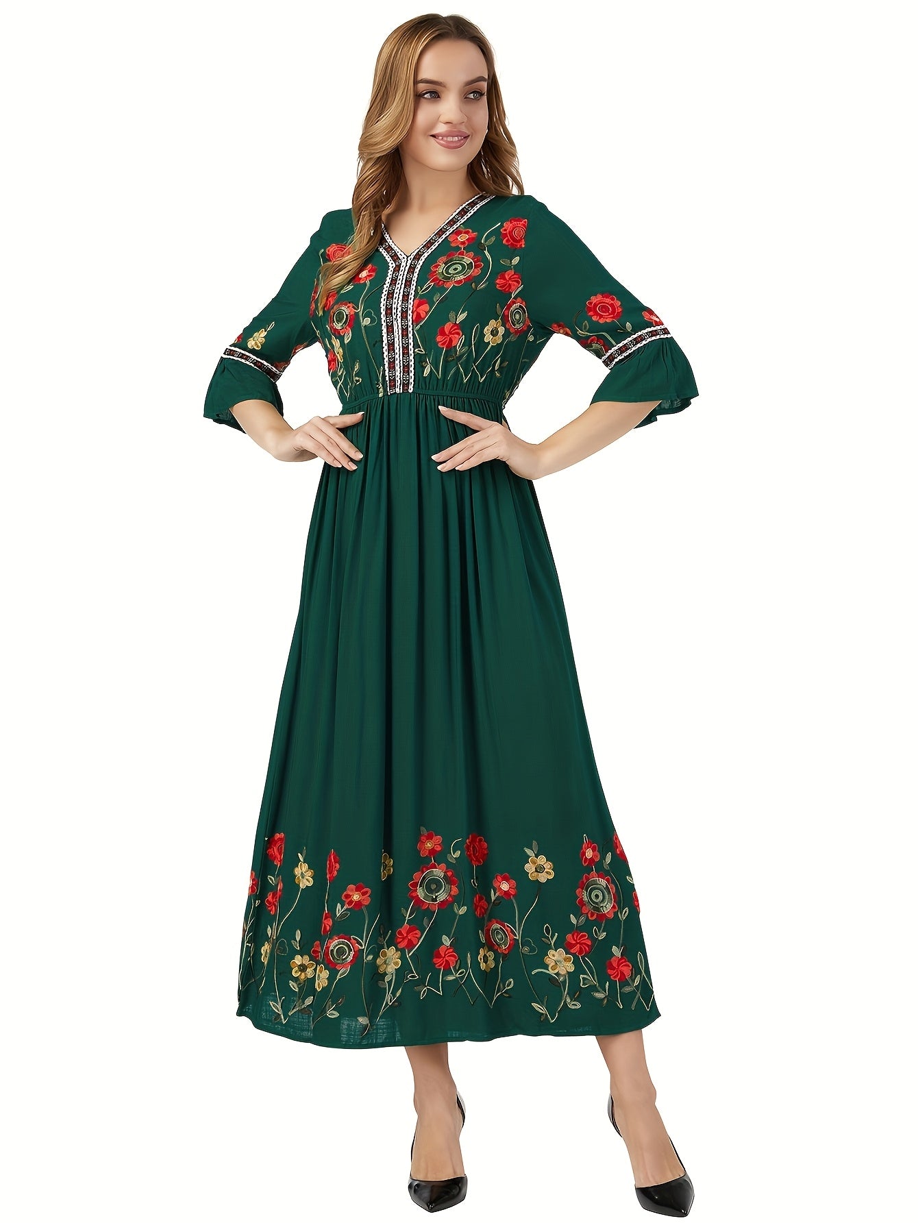 Elegant Green Embroidered Maxi Dress with V-Neck and Ruffle Sleeves
