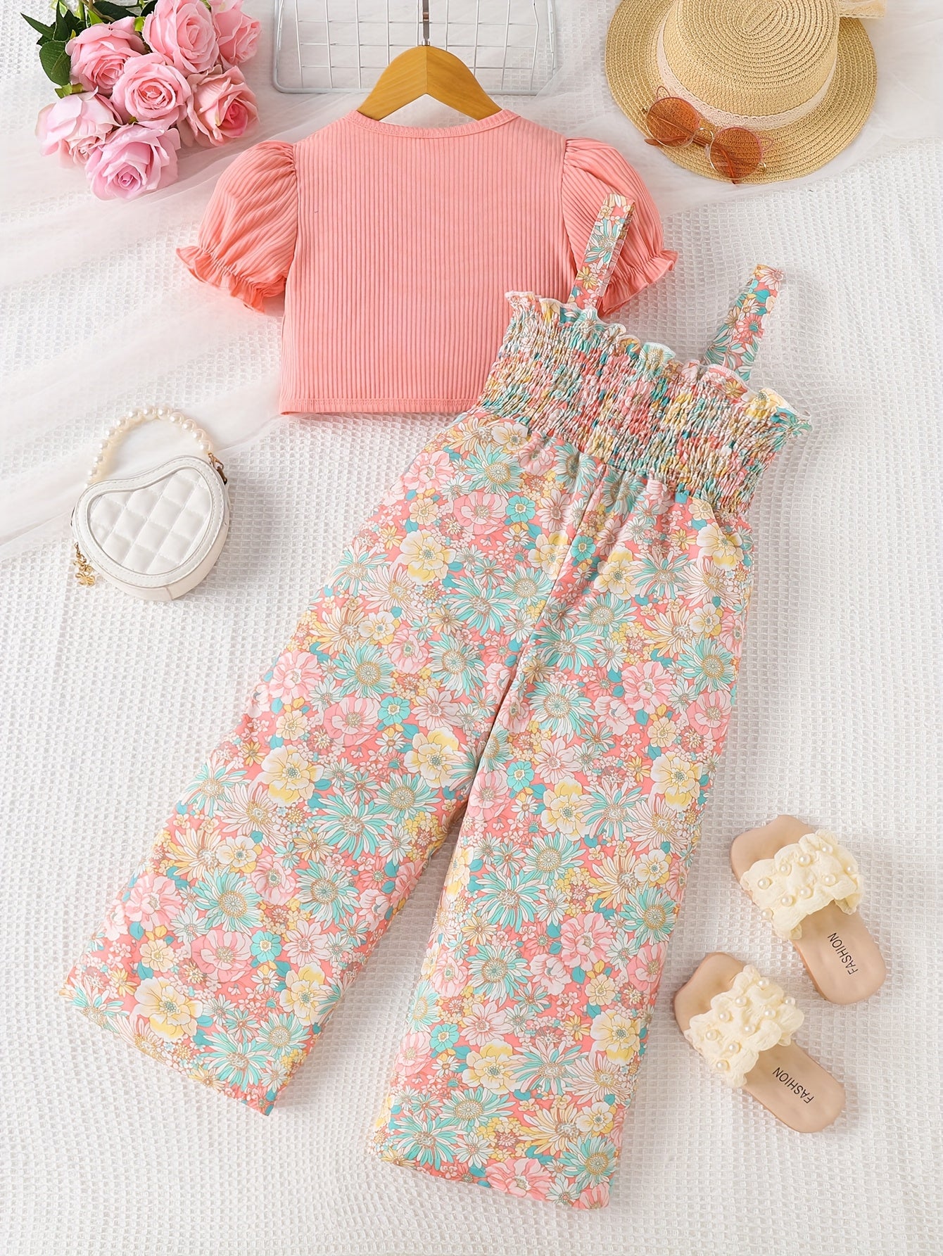 Summer Floral Print Pleated Suspender Jumpsuit for Girls