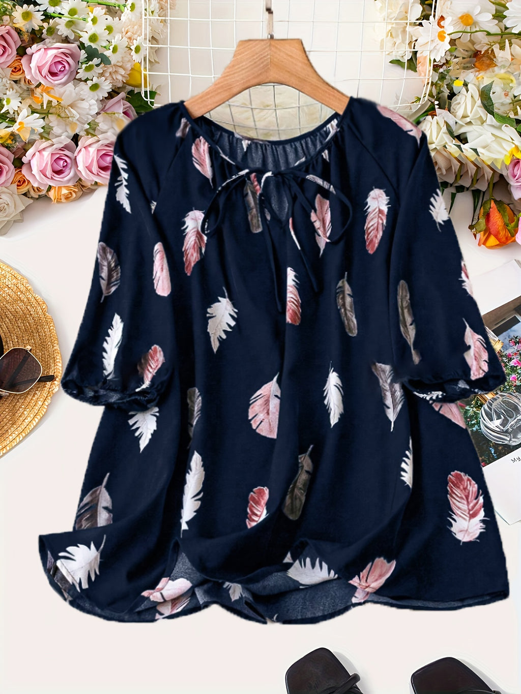 Elegant Notched Collar Shirting Blouse with Print, Non-Stretch