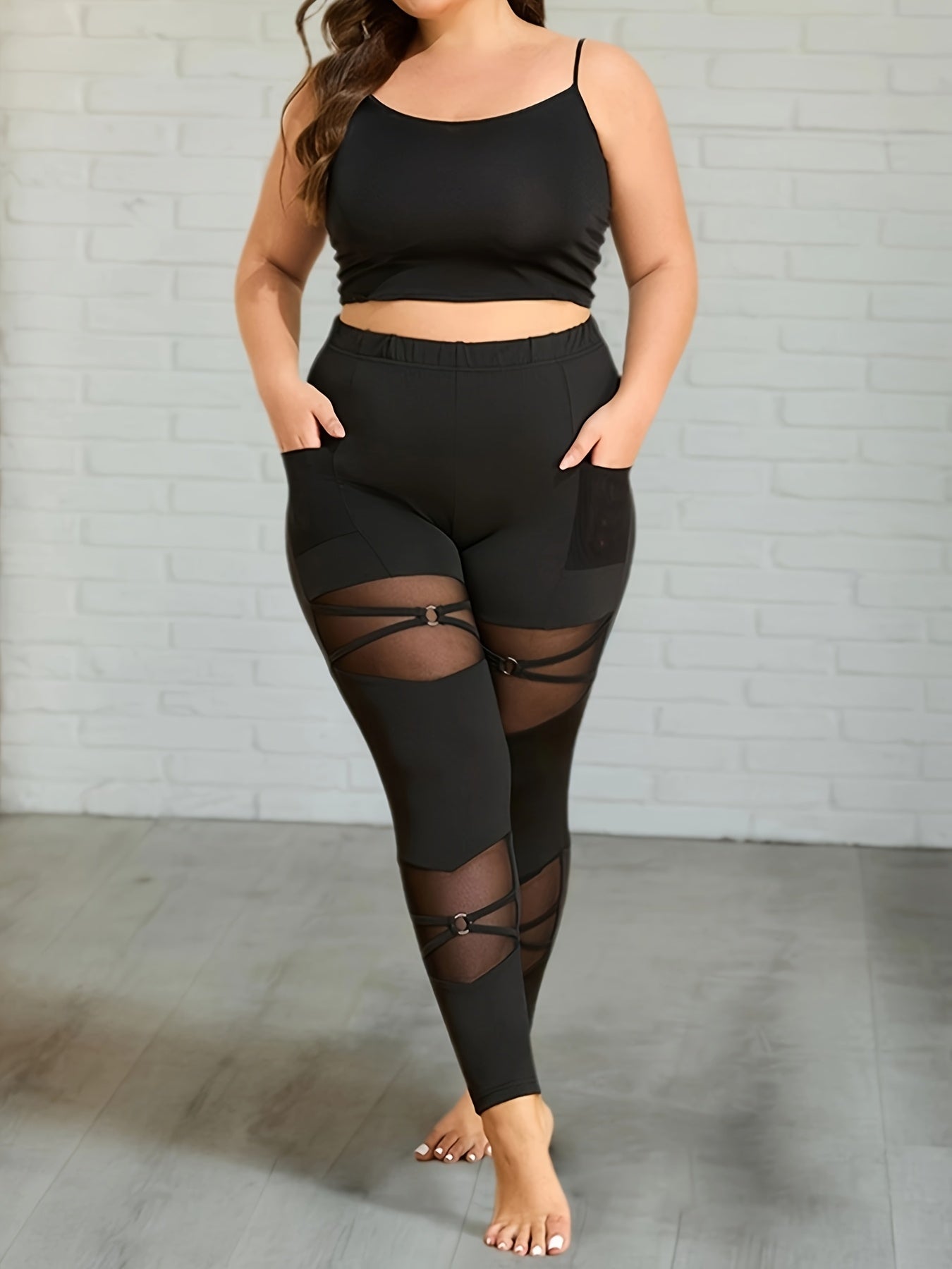Elegant Plus-Size Knitted Leggings with a Mesh Pocket And Ring Buckle Design.