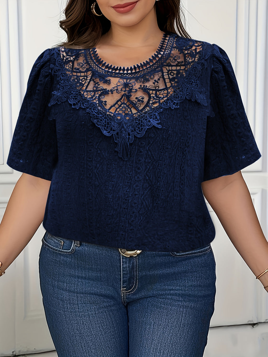 French-Inspired Floral Embroidery Lace Trim Short Sleeve Blouse