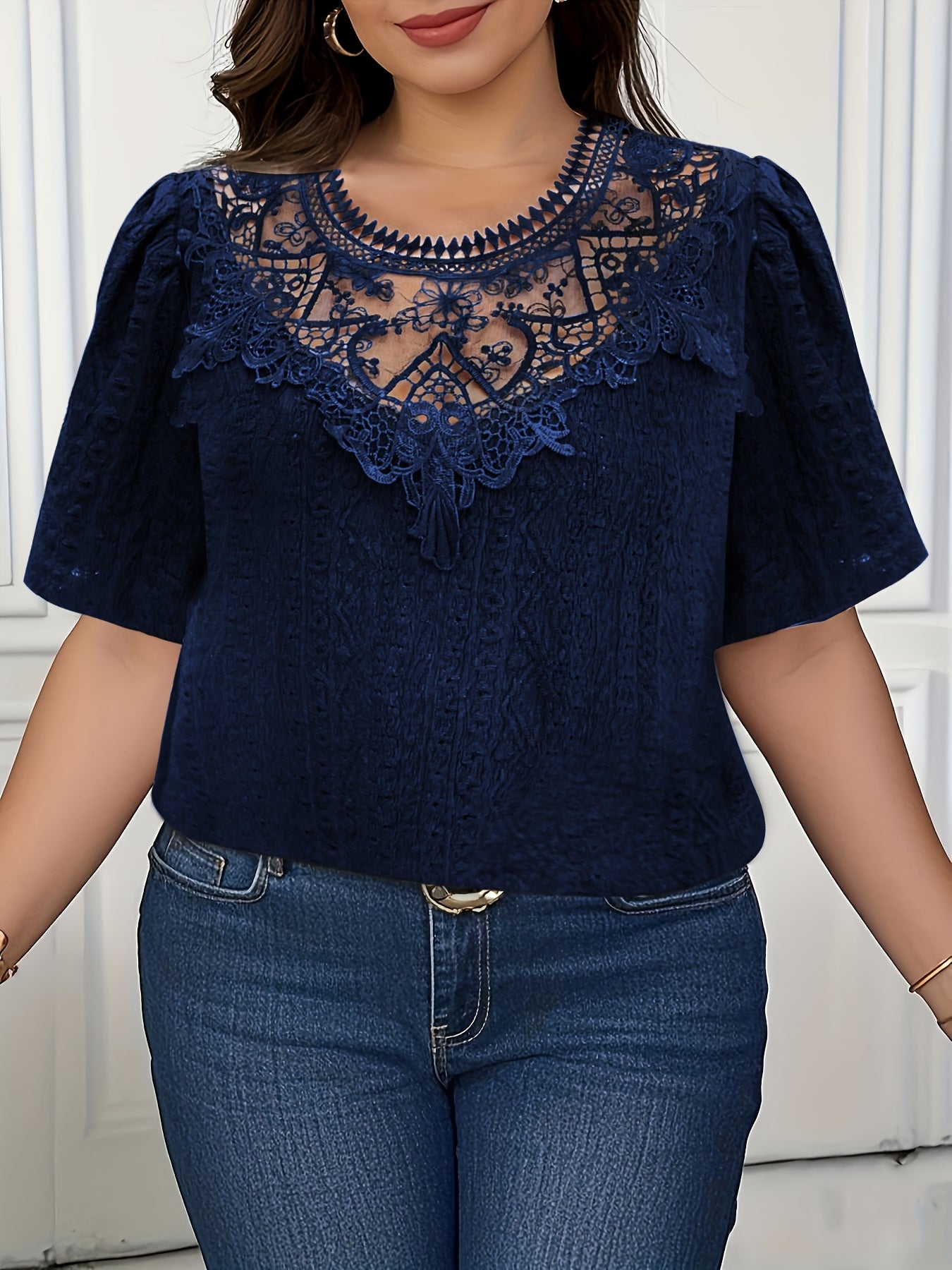French-Inspired Floral Embroidery Lace Trim Short Sleeve Blouse