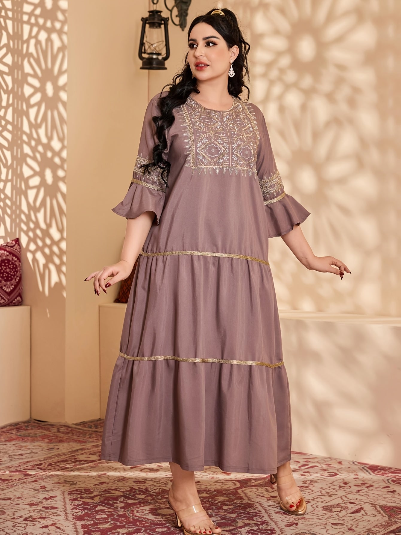 Elegant Ethnic Style Three Quarter Length Ruffle Sleeve Dress with Embroidery