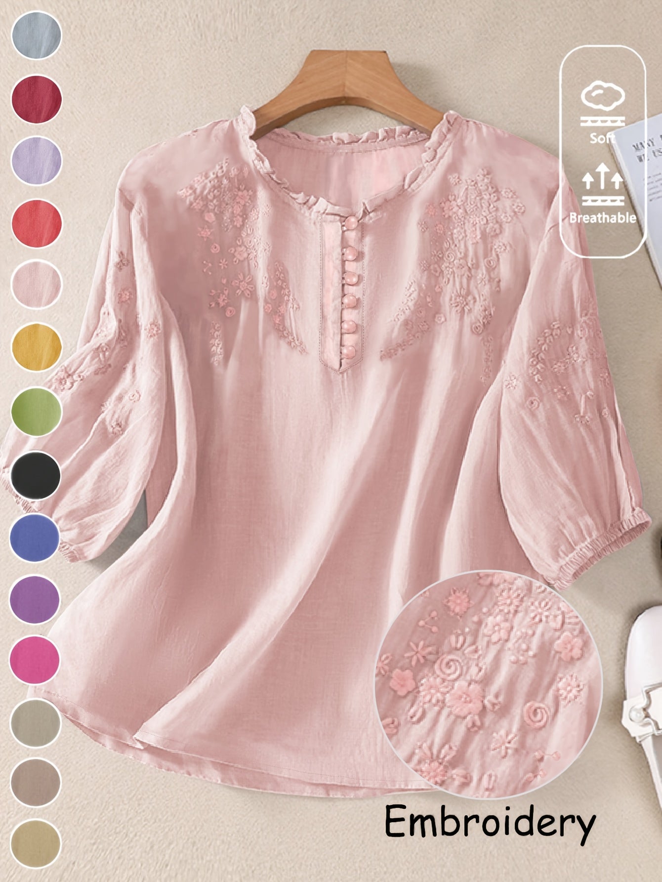 Women's Spring/Summer Embroidered Loose Fit Retro Mid-Sleeve Blouse
