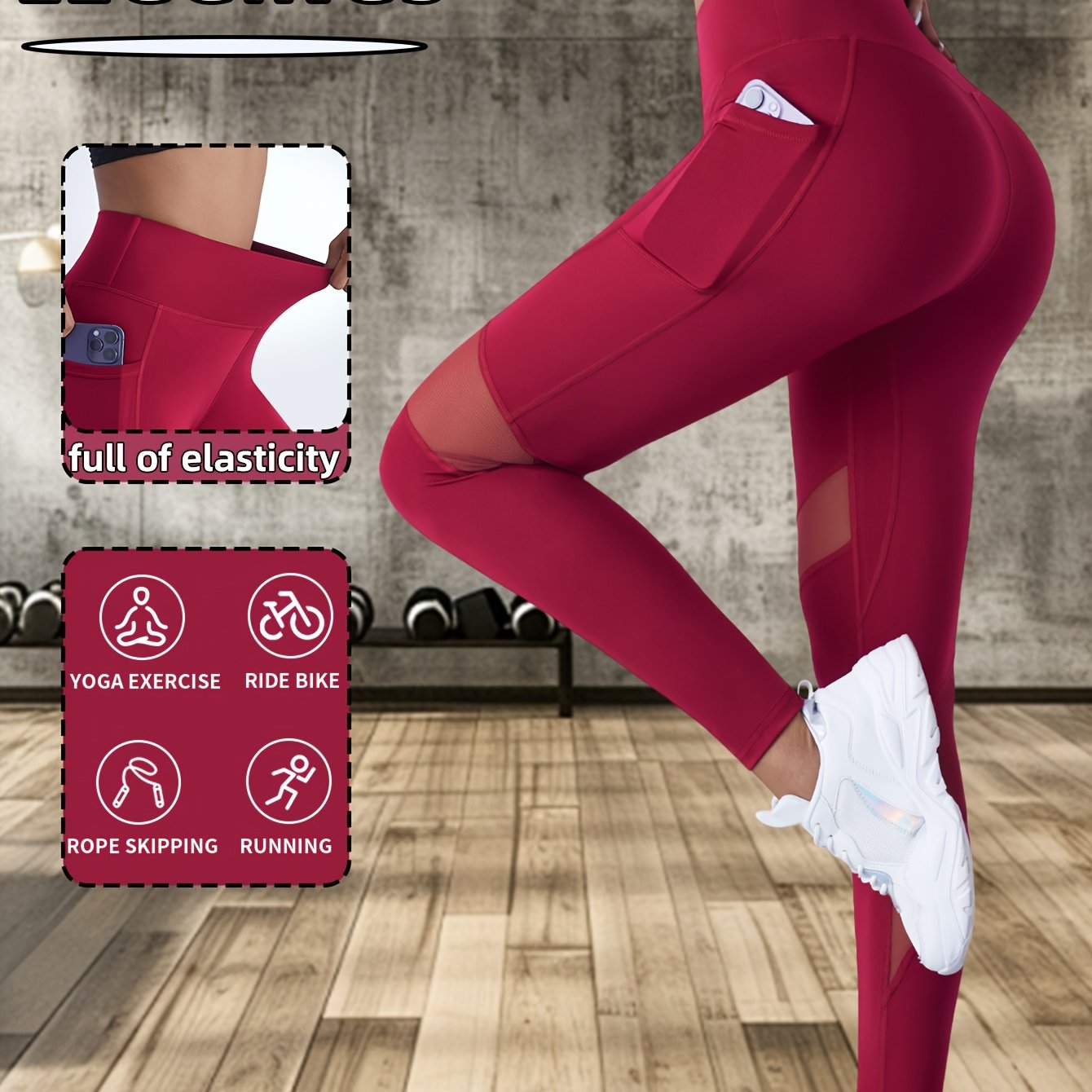 Women's High-Waisted Red Yoga Leggings with Mesh Panel Full Elasticity