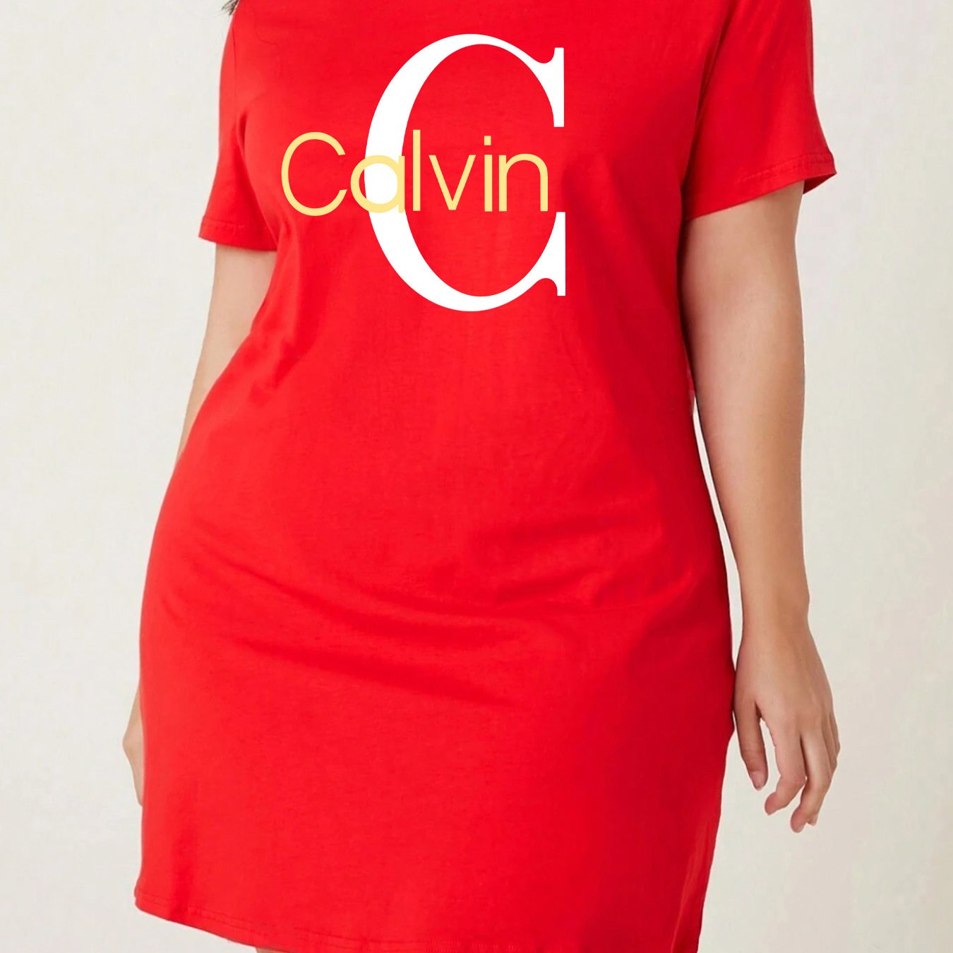 Calvin Women's Stretchy Breathable Polyester T-Shirt Dress - Slim Fit Knee-Length Round Neck Casual Summer Dress with Bold Yellow Lettering, Machine Washable Spring/Summer Outfit