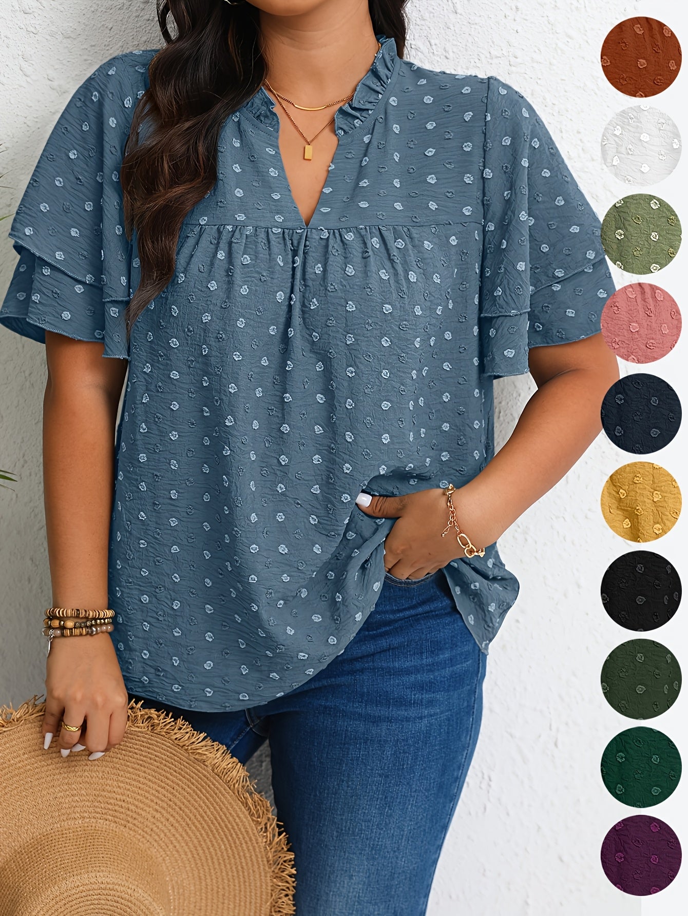 Plus Size Women's Casual V-Neck Blouse with Ruffled Short Sleeves