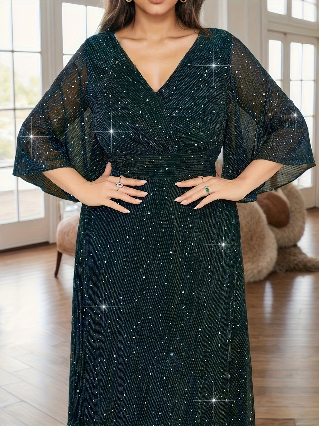 Plus Size Middle Eastern Sequined V-Neck Bridesmaid Dress with Ruffle Sleeves