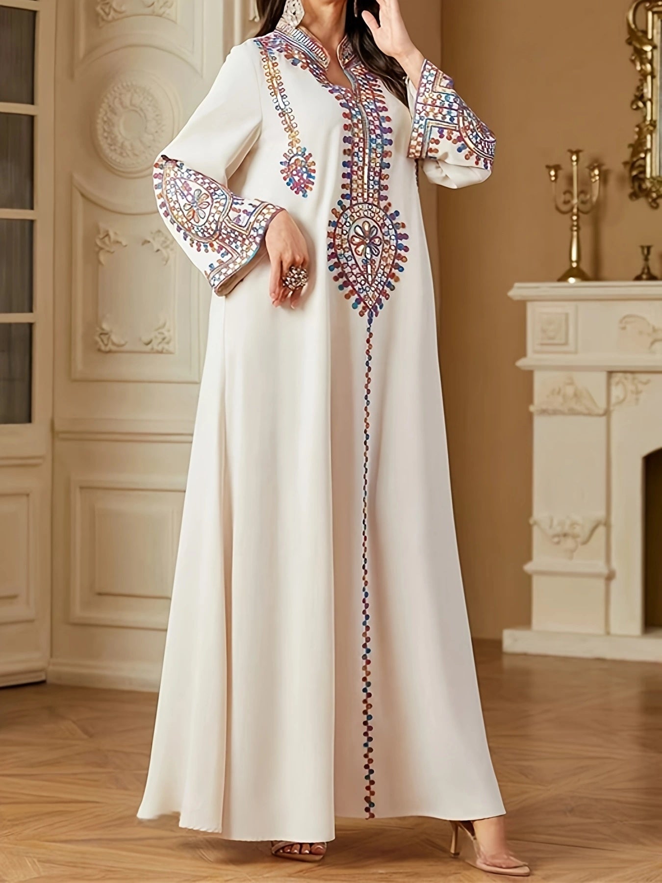 Elegant Middle Eastern-Style Long Dress with Intricate Designs