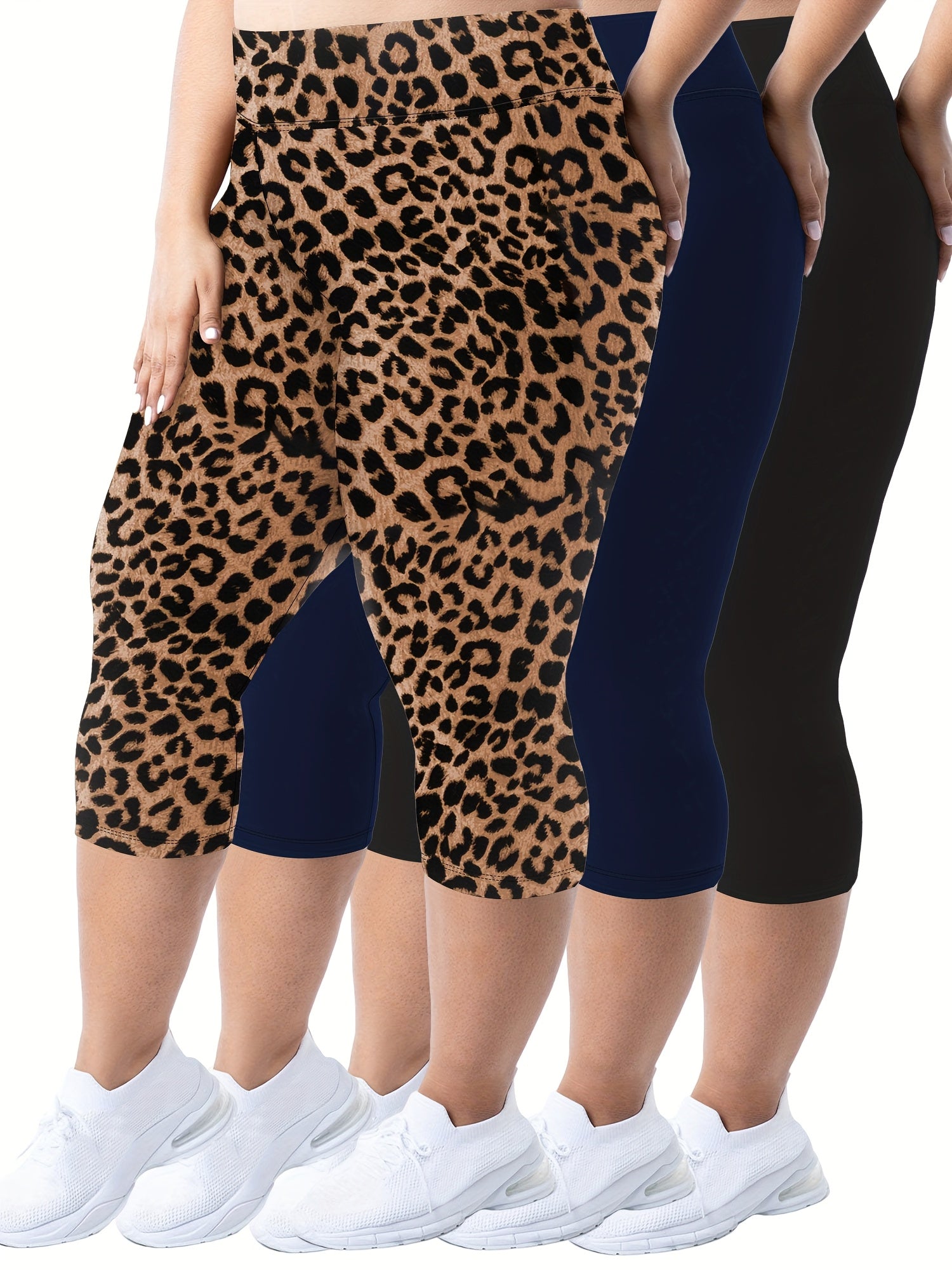 Plus Size - 3pcs High-Waist Capri Leggings for Women