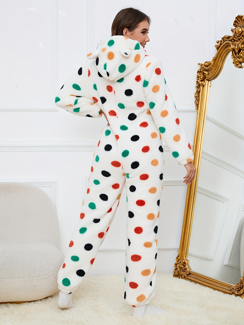 Bear Pattern Zip Up Hooded Fuzzy Jumpsuit, Elegant Long Sleeve Jumpsuit For Fall & Winter