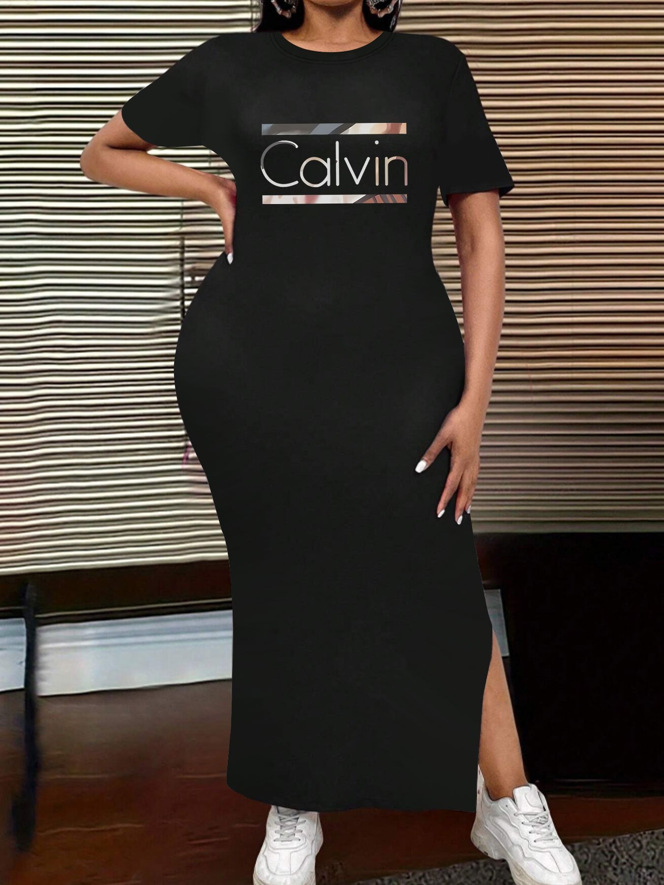 Women's Stretchy Bodycon Dress with Short Sleeves & Side Slit - CALVIN Graphic Print, Black Casual Summer Dress, Machine Washable,