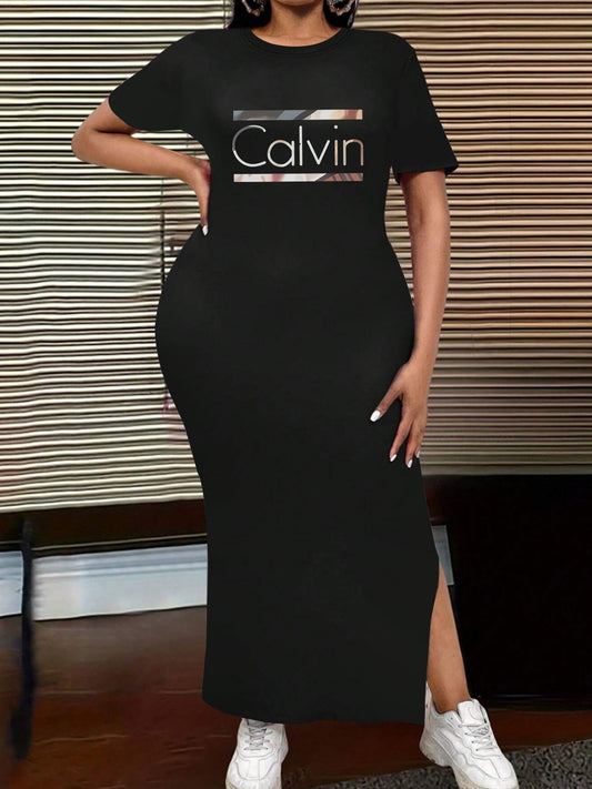 Women's Stretchy Bodycon Dress with Short Sleeves & Side Slit - CALVIN Graphic Print, Black Casual Summer Dress, Machine Washable,