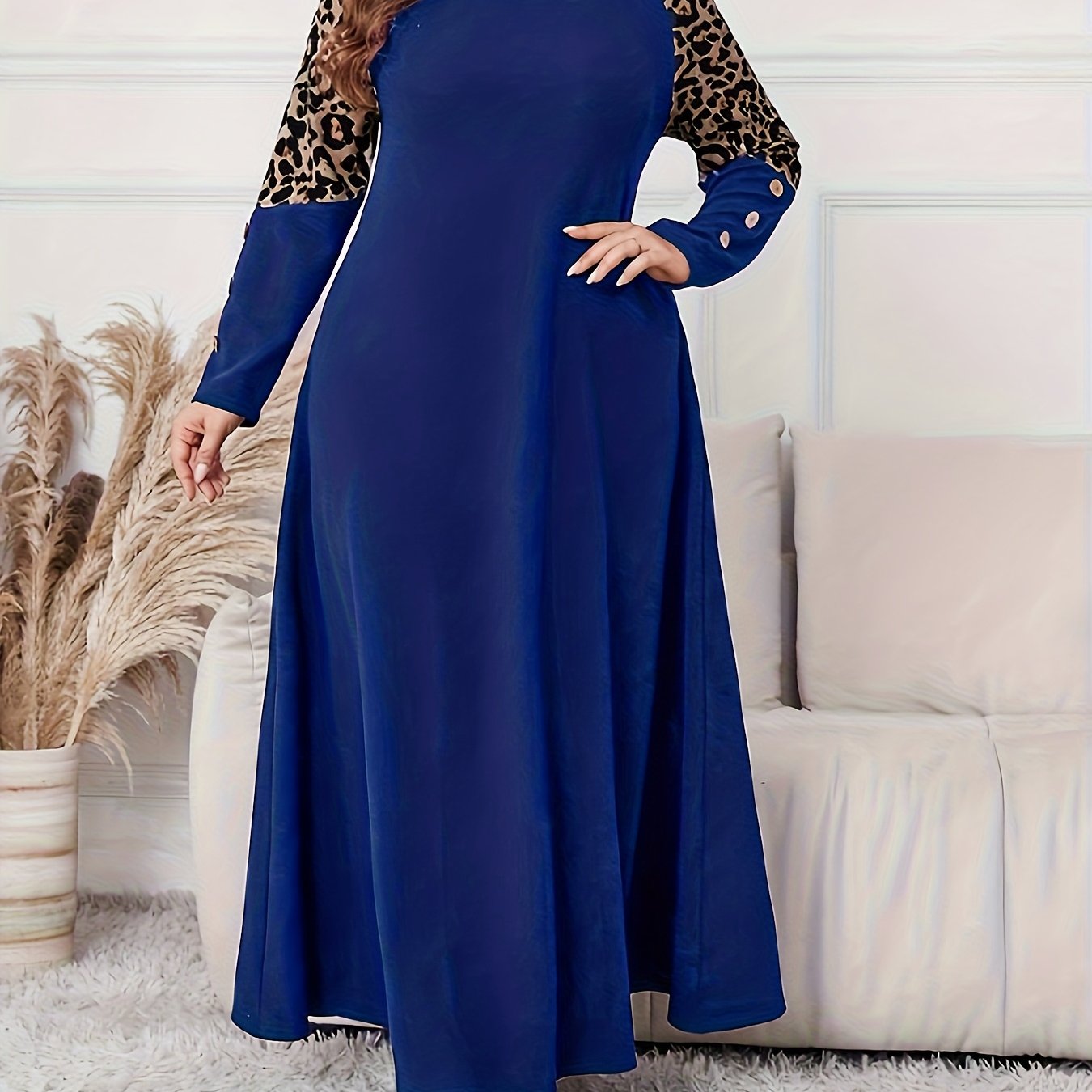 Women's Plus Size Elegant Leopard Print A-Line Maxi Dress with Swing Waist