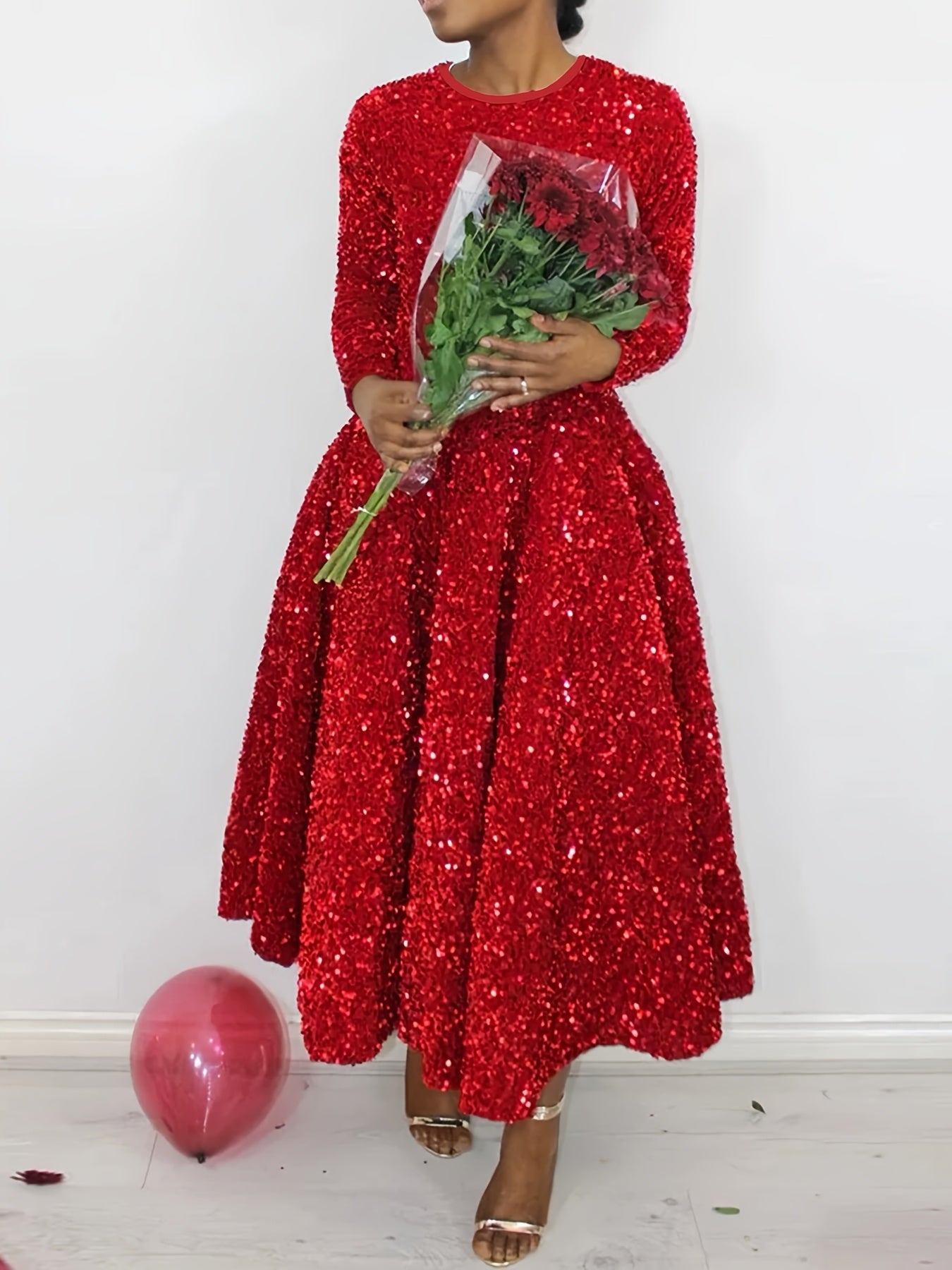 Women's Red Long Dress with a Round Neck, Perfect for Christmas Parties And New Year Celebrations