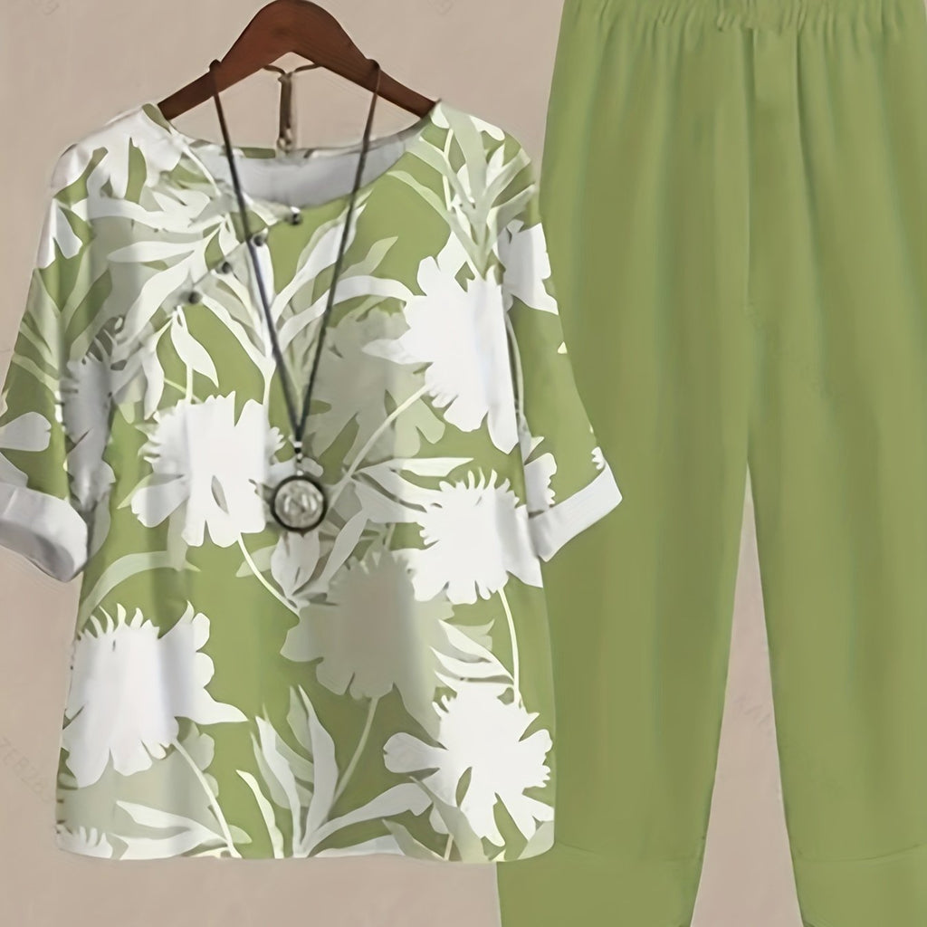 Plants Print Two-piece Set, Casual Short Sleeve T-shirt & Pants Outfits