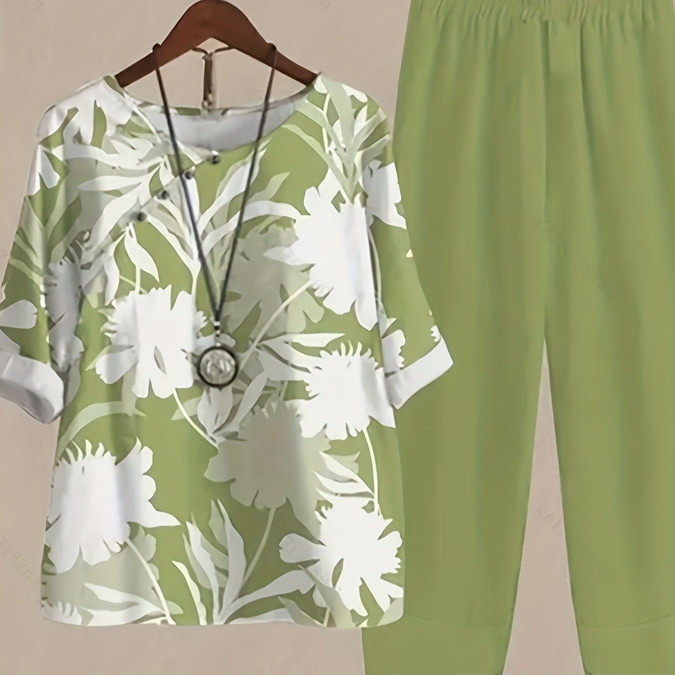 Plants Print Two-piece Set, Casual Short Sleeve T-shirt & Pants Outfits