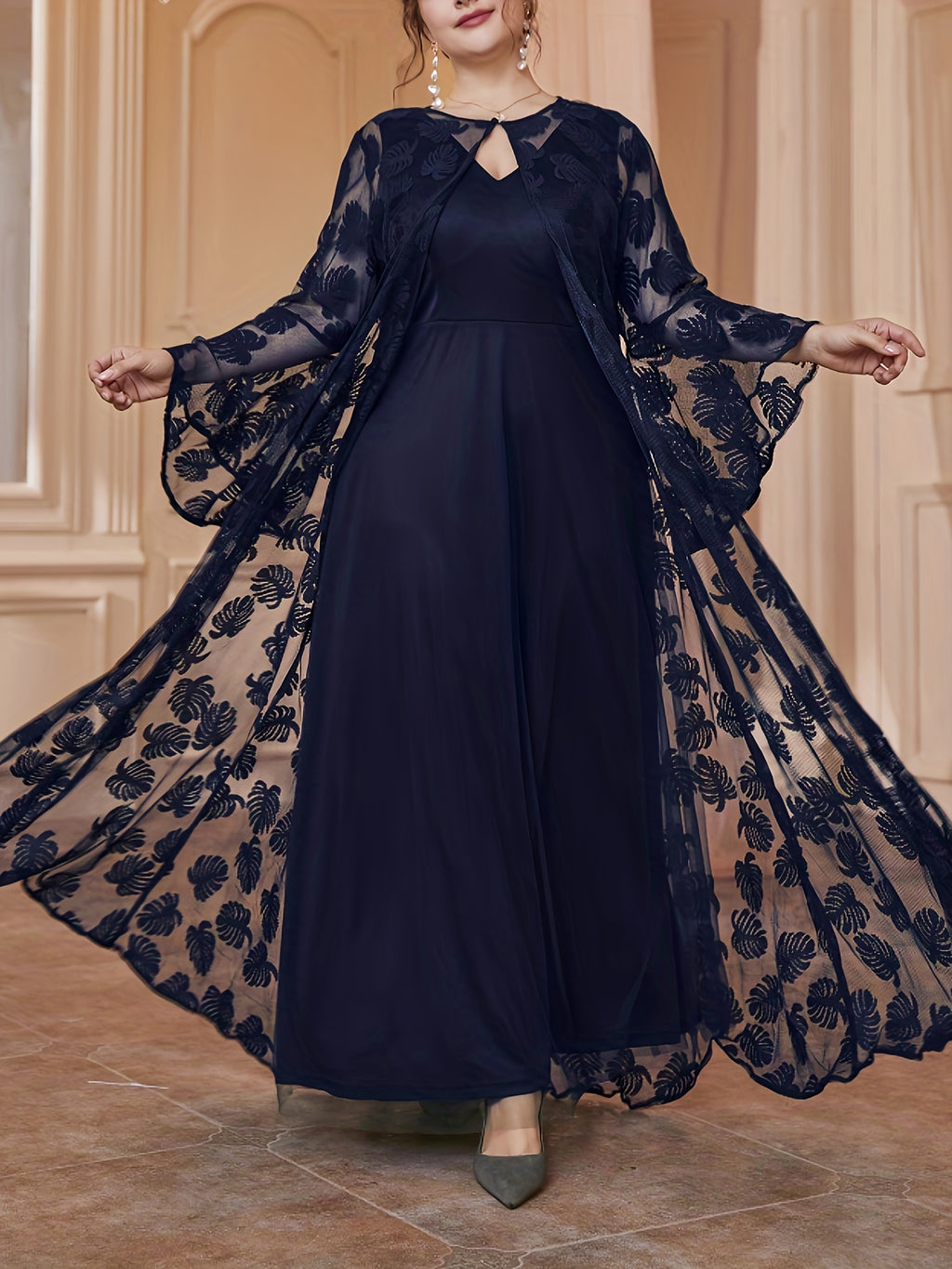 Plus Size - Elegant Round Neck Mesh Embroidery V-Neck Slim Long Dress